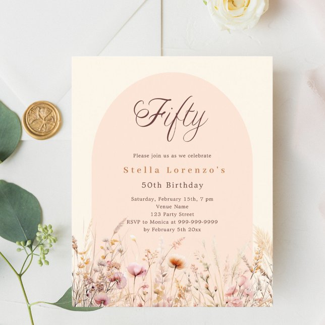 Peach beige wildblomma 50-årsinbjudan (Skapare uppladdad)