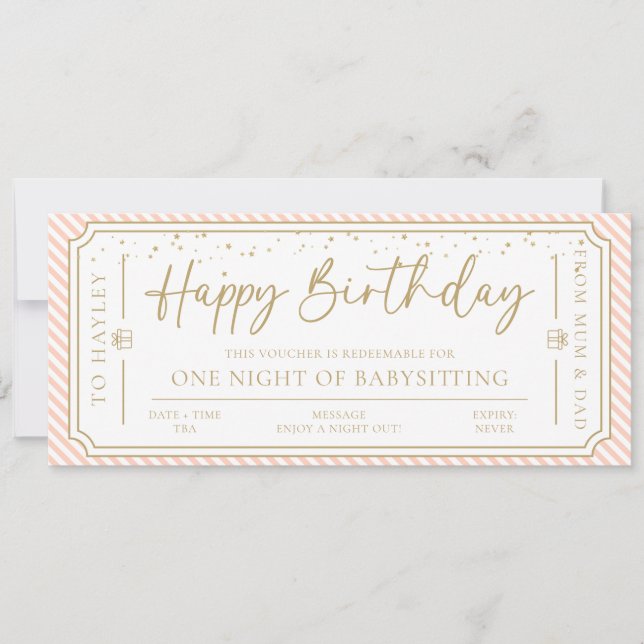 Peach Birthday Babysit Gift Voucher Card Inbjudningar (Framsida)