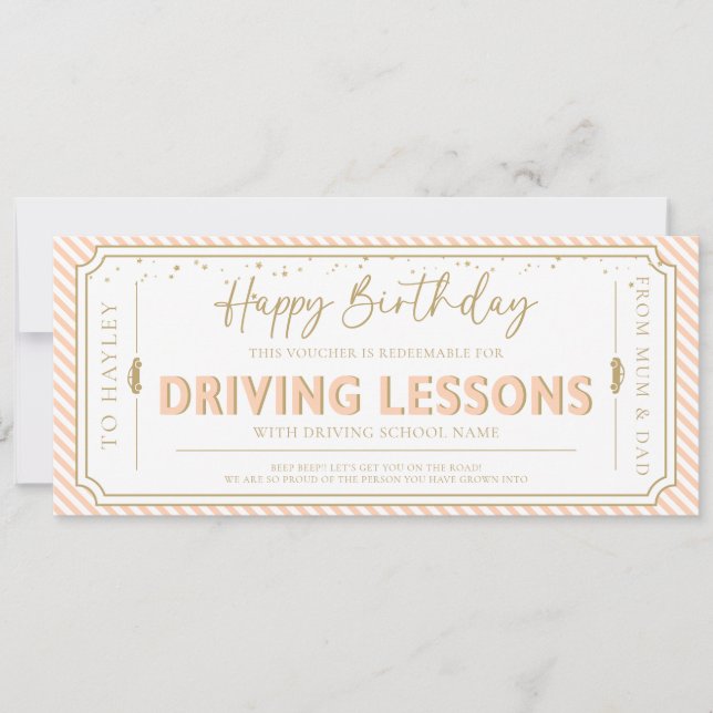 Peach Birthday Driving Lessons Gift Voucher Card Inbjudningar (Framsida)