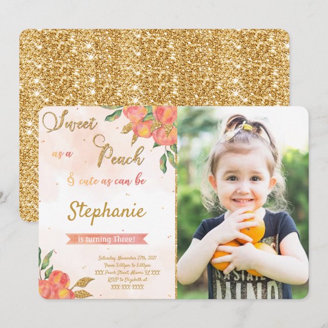 Peach Birthday Photo-inbjudningar Inbjudningar (Fram/baksida)
