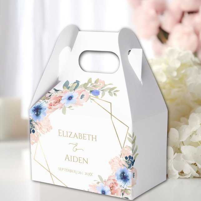 Peach blåa blommor bröllop presentaskar (Peach blue flowers wedding THANK YOU favor boxes with your name and date.)