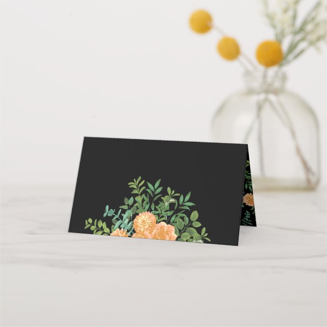 Peach Black Peony & Ro Blommigt Bröllop Placeringskort (Framsida)