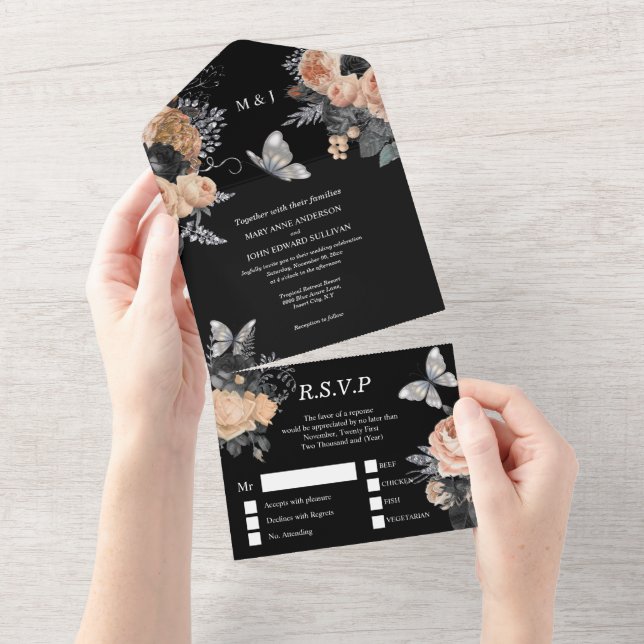 Peach black silver fall butterfly ro blommigt chic (Tearaway)