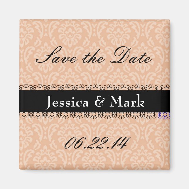 Peach & Black Spara Date Damask Wedand Magnet (Framsidan)