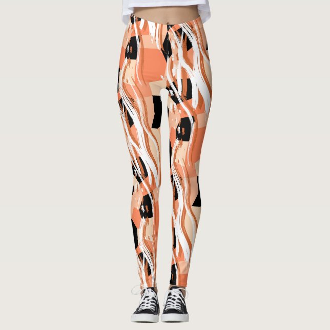 Peach Black White Abstrakt Mönster. Leggings (Framsida)