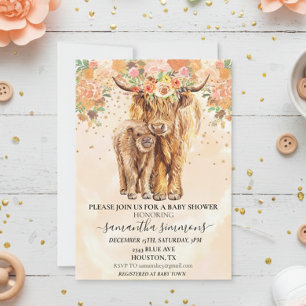 Peach Blommande Highland Ko Kalv Baby Shower Inbjudningar
