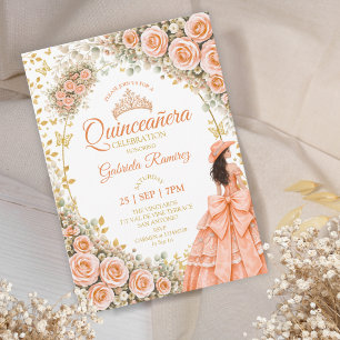 Peach Blommande Rosor Guld Fjäril Quinceañera Inbjudningar