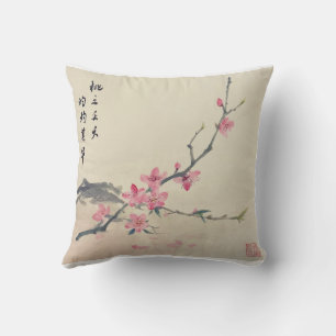 Peach Blommar Bläck Artwork Dekorativ kudde