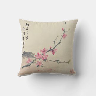 Peach Blommar Bläck Artwork Dekorativ kudde
