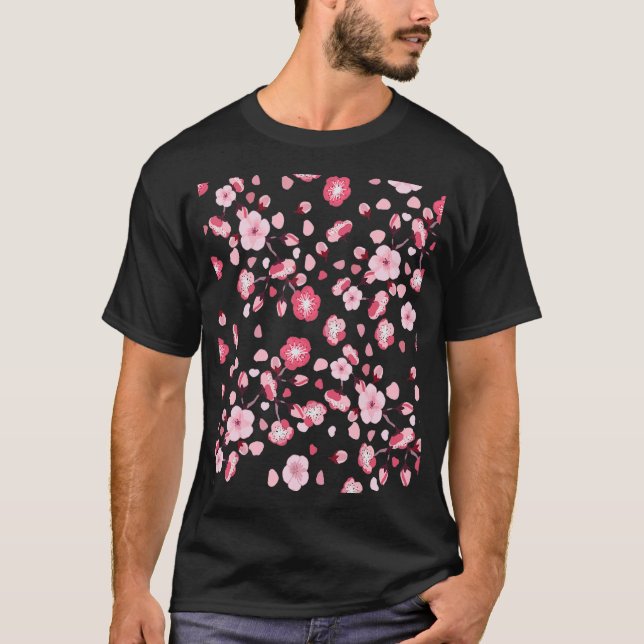 Peach Blommar Blooming Cherry Blommönster T Shirt (Framsida)