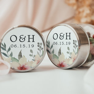 Peach Blommar Bröllop Monogram och datum Runt Klistermärke