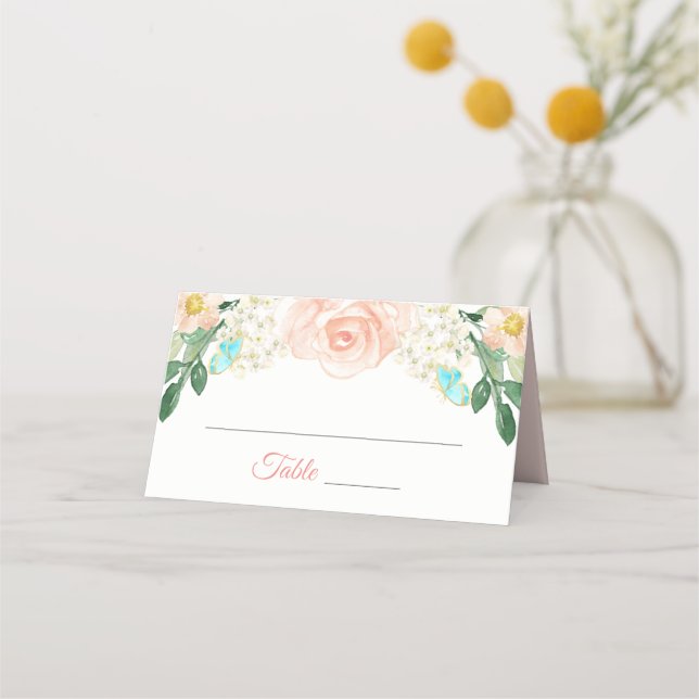  Peach Blommar Flowers Bröllop Place Card Placeringskort (Framsida)