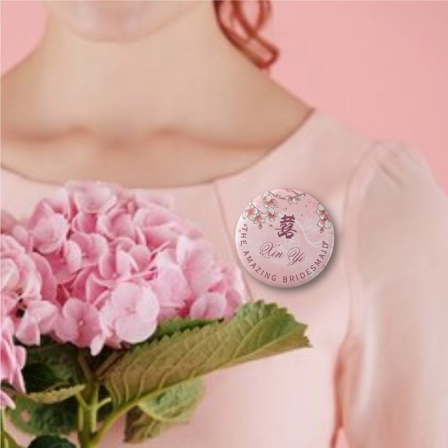 Peach Blommars Dubbla Lycka kinesiska Bröllop Knapp (BRIDESMAID Pink Peach/Plum Blossoms Double Happiness Chinese Wedding Pin Button @ fatfatin_red_knot)