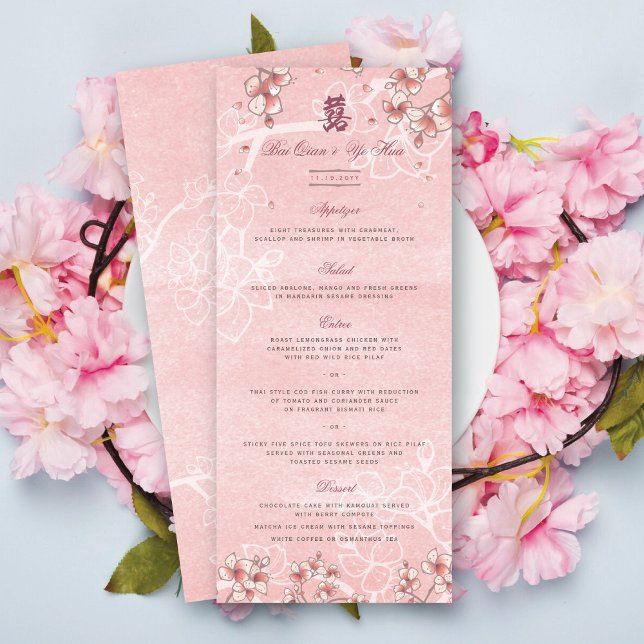 Peach Blommars Dubbla Lycka kinesiska Bröllop Meny (Pink Peach/Plum Blossoms Double Happiness Elegant Chinese Wedding Menu Card @ fatfatin_red_knot)