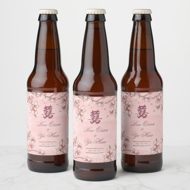 Peach Blommars Dubbla Lycka kinesiska Bröllop Ölflaska Etikett (Flaskor)