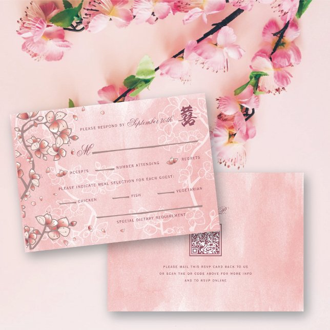 Peach Blommars Dubbla Lycka kinesiska Bröllop OSA Kort (Pink Peach/Plum Blossoms Double Happiness Elegant Chinese Wedding RSVP Card @ fatfatin_red_knot)