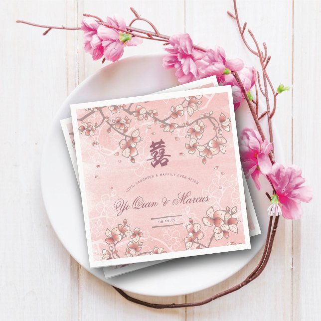 Peach Blommars Dubbla Lycka kinesiska Bröllop Pappersservett (Pink Peach/Plum Blossoms Double Happiness Elegant Chinese Wedding Paper Napkins @ fatfatin_red_knot)