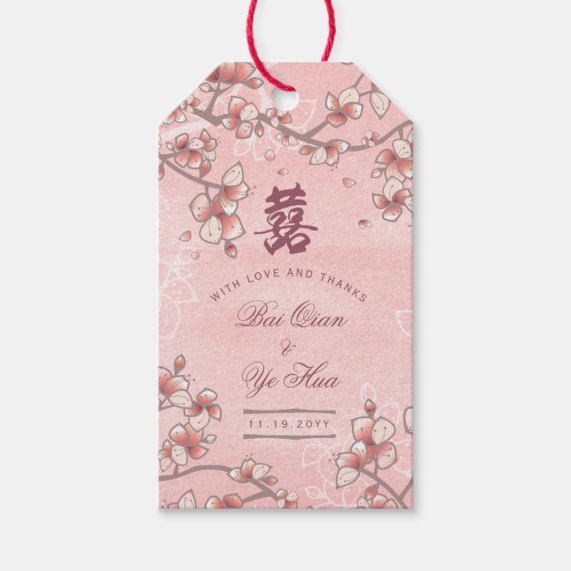Peach Blommars Dubbla Lycka kinesiska Bröllop Presentetikett (Framsidan)