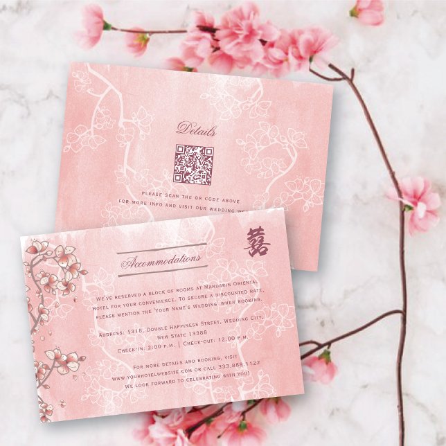 Peach Blommars Dubbla Lycka kinesiska Bröllop Tilläggskort (Pink Peach/Plum Blossoms Double Happiness Elegant Chinese Wedding Enclosure Card @ fatfatin_red_knot)