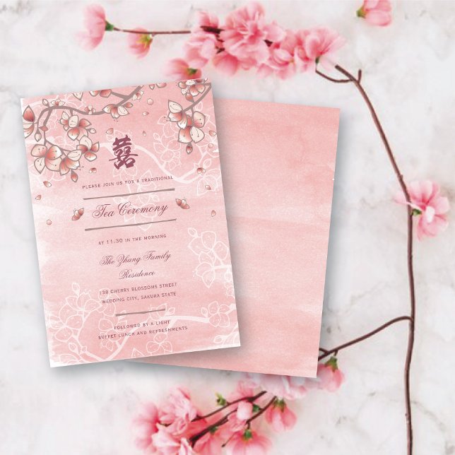 Peach Blommars Dubbla Lycka kinesiska Bröllop Tilläggskort (Pink Peach/Plum Blossoms Double Happiness Elegant Chinese Wedding Enclosure Card @ fatfatin_red_knot)