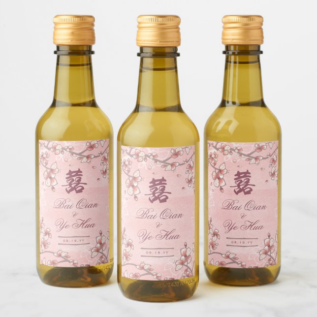 Peach Blommars Dubbla Lycka kinesiska Bröllop Vinetikett (Flaskor)