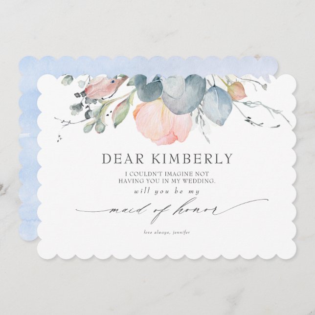 Peach Blommars Dusty Blue be My Maid of honor Inbjudningar (Fram/baksida)