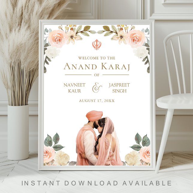 Peach Blommigt Anand Karaj Sikh Bröllop Välkomstsk Poster (Skapare uppladdad)