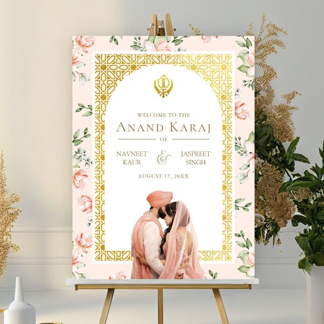 Peach Blommigt Anand Karaj Sikh Bröllop Välkomstsk Poster (Skapare uppladdad)