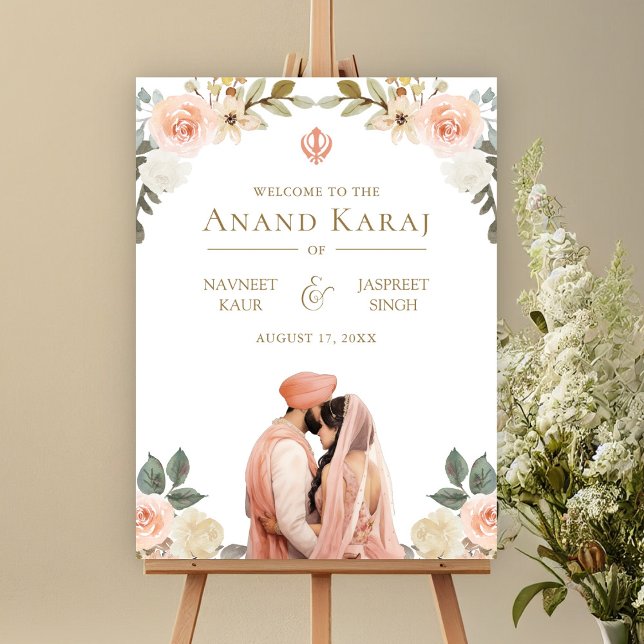 Peach Blommigt Anand Karaj Sikh Bröllop Välkomstsk Poster (Skapare uppladdad)