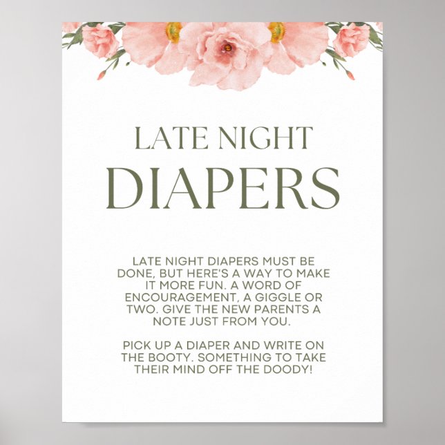 Peach Blommigt Baby Shower Late Night Diaper Poste Poster (Framsidan)