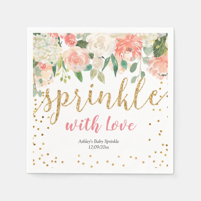 Peach Blommigt Baby Sprinkle Papprare Party Napkin Pappersservett (Framsidan)