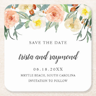 Peach Blommigt Botaniskt vattenfärg Spara datum Underlägg Papper Kvadrat