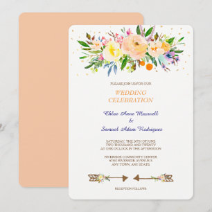 Peach Blommigt Bouquet-bröllopsinbjudan Inbjudningar