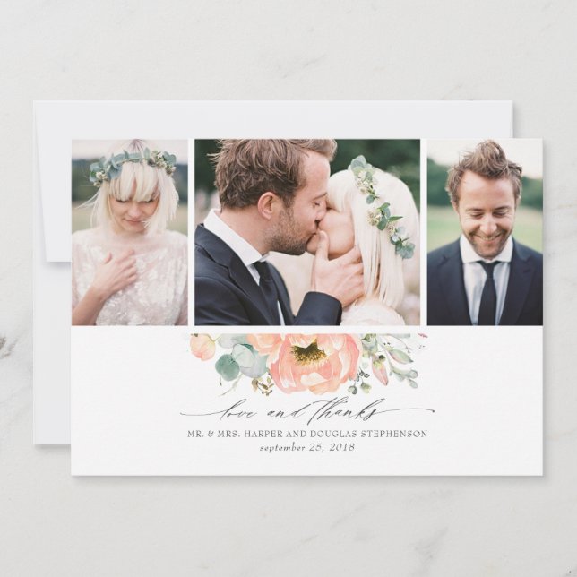 Peach Blommigt Bröllop 3-foton Tack Kort (Framsida)
