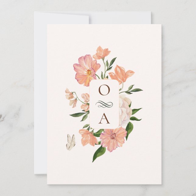 Peach blommigt bröllop inbjudningar (Framsida)