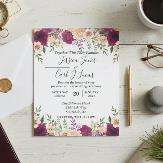 Peach Blommigt Burgundy Watercolor - höstbudget Flygblad (Skapare uppladdad)