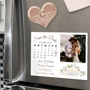 Peach Blommigt Calendar & Photo Save Date Magnetisk Inbjudningskort