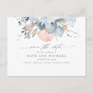 Peach Blommigt Dusty Blue Boho Spara datum Vykort