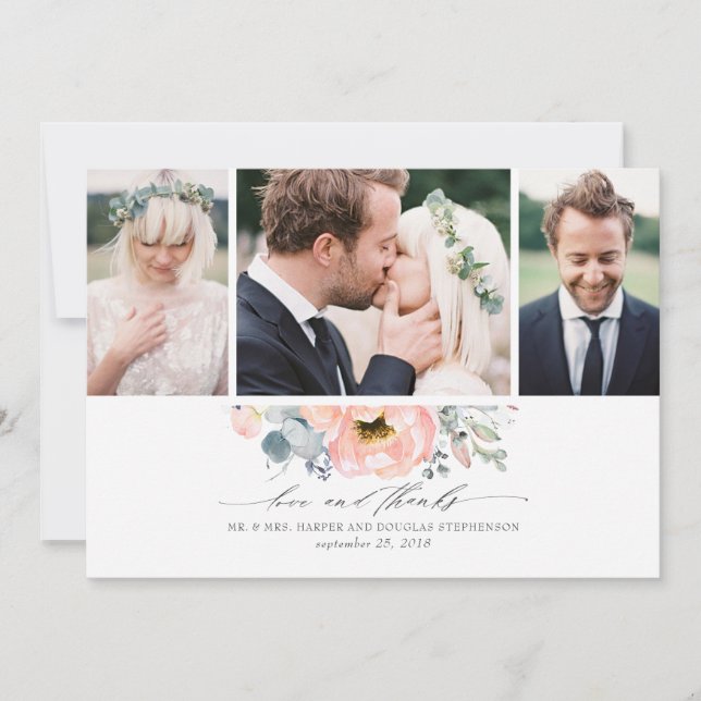 Peach Blommigt Dusty Blue Bröllop 3 Foton Tack Kort (Framsida)