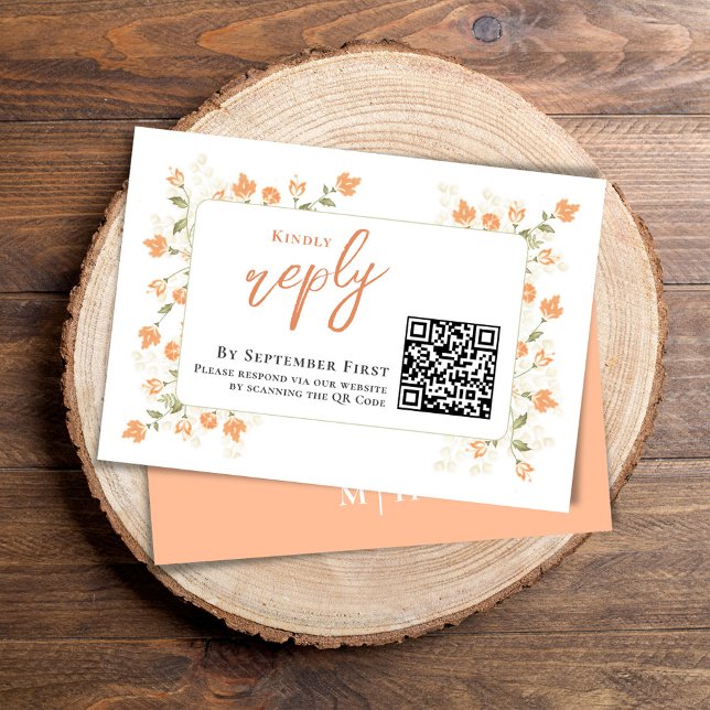 Peach Blommigt Elegant bröllop OSA Kort (Simple Wedding reply card with a peach floral background and QR code template.)