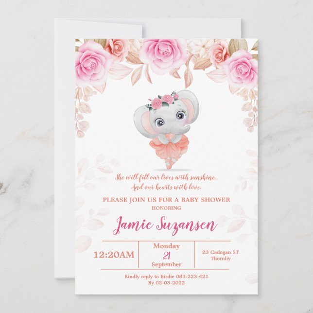 Peach Blommigt Elephant Baby Shower Girl-inbjudan Spara Datumet (Framsida)