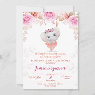 Peach Blommigt Elephant Baby Shower Girl-inbjudan Spara Datumet