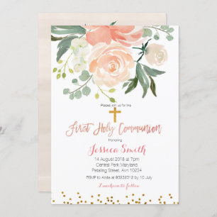 Peach blommigt First Communion-inbjudan Inbjudningar