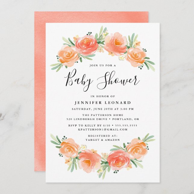 Peach Blommigt Garden | Inbjudan till babyvisnings (Fram/baksida)