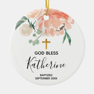 Peach Blommigt Girl Baptism Ornament