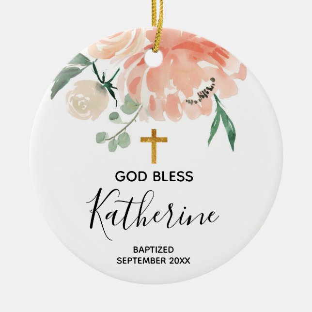 Peach Blommigt Girl Baptism Ornament (Framsidan)