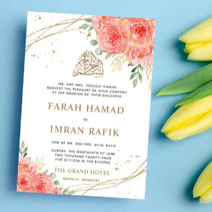 Peach Blommigt Gräns islamisk muslimsk Bröllop Inbjudningar