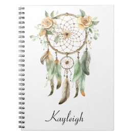Peach Blommigt Grönt Dream Catcher Anteckningsbok