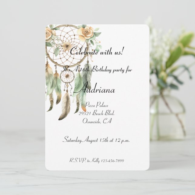 Peach Blommigt Grönt Dream Catcher födelsedagen Inbjudningar (Stående Fram)