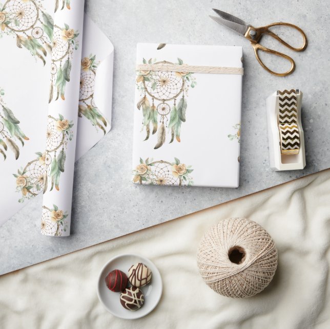 Peach Blommigt Grönt Dream Catcher födelsedagen Presentpapper (Hantverk)